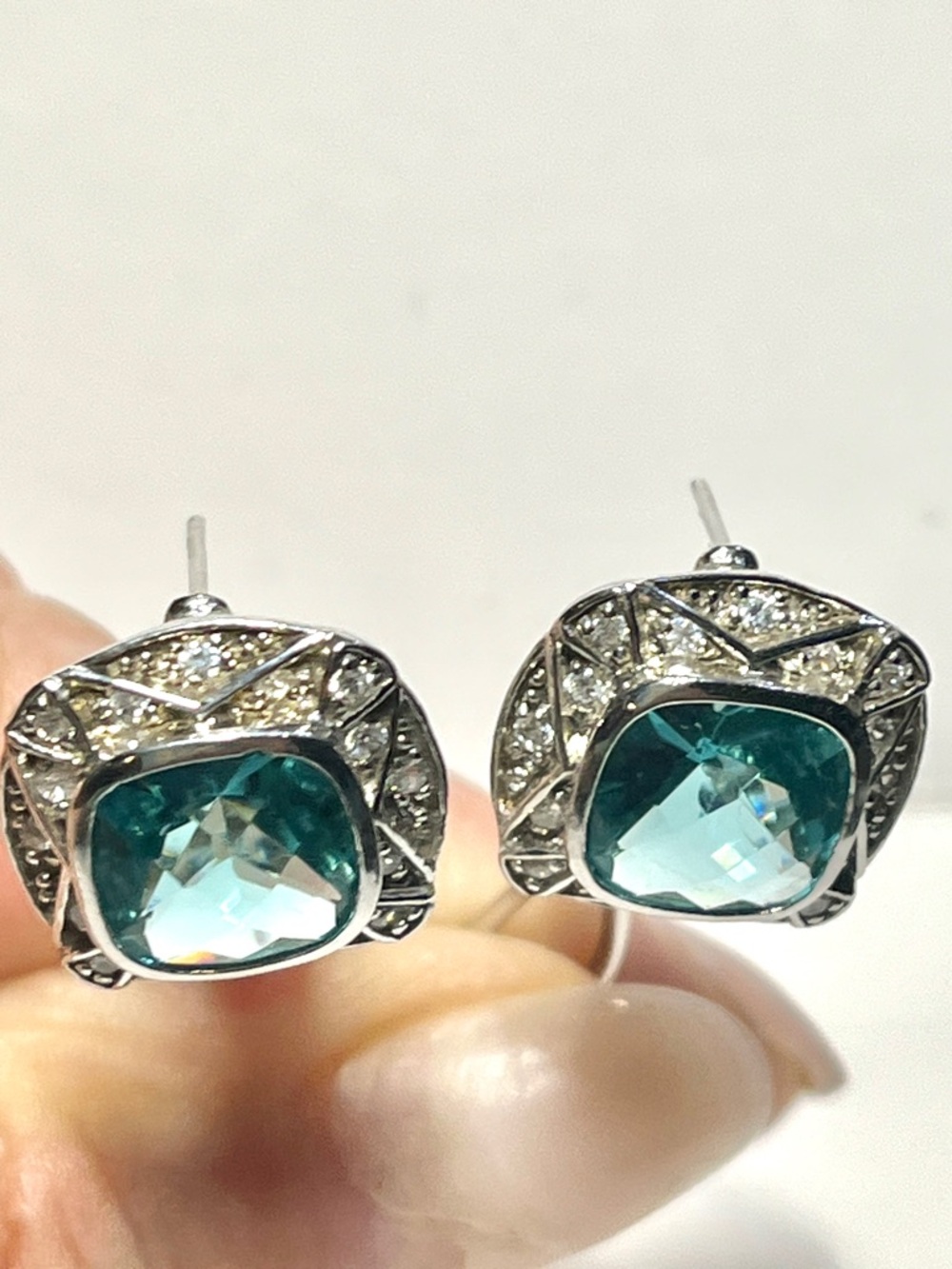 FAS 925 Sterling Pierced Earrings Bezel Set Blue Stone Pave Baguette Omega Clasp
